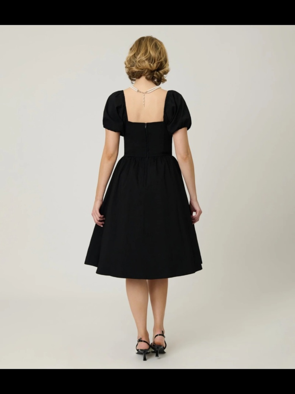 Unique Vintage Black Sweetheart Puff Sleeve Swing Dress - XL/14-16 - Picture 2 of 5